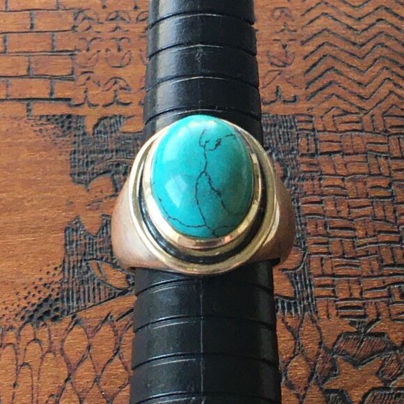 Sterling Silver Ring Size 7.75 11g 925 Turquoise Color Howlite Cabochon Chunky - Picture 1 of 13
